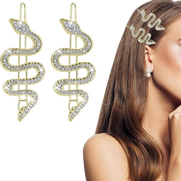 Gold Rhinestone Snake Hair Pins Set of 2 Sparkly Statement Clips - Picture 2 of 4